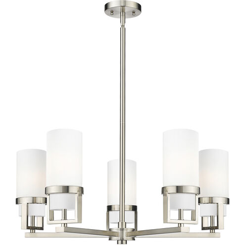 Utopia 5 Light 27.38 inch Satin Nickel Chandelier Ceiling Light in Matte White Glass