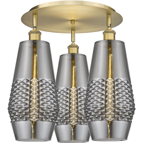 Windham 3 Light 18.75 inch Brushed Brass Flush Mount Ceiling Light in Smoked