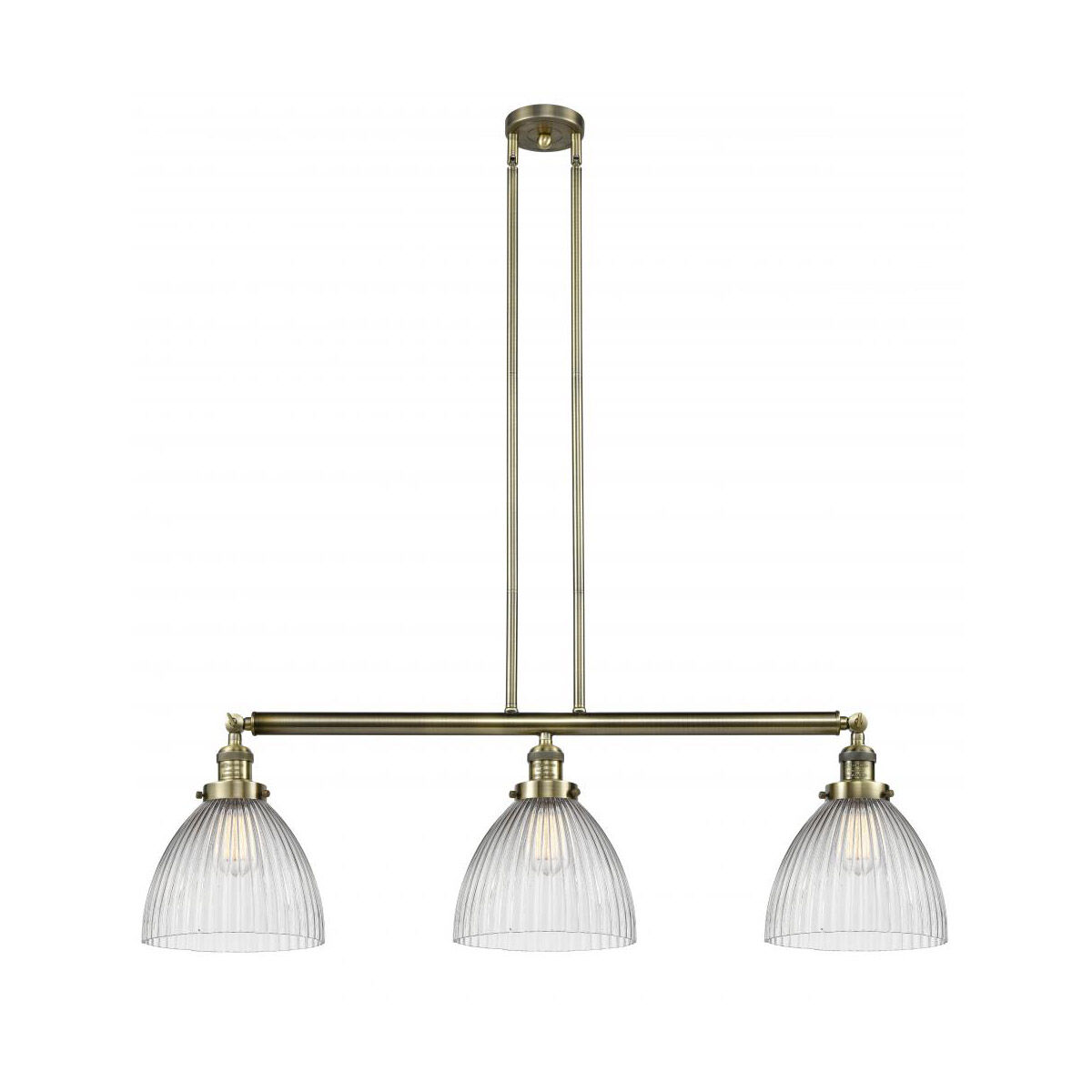 Franklin Restoration Seneca Falls 3 Light 39 inch Antique Brass Island Light Ceiling Light in Incandescent, Clear Halophane Glass, Franklin Restoration