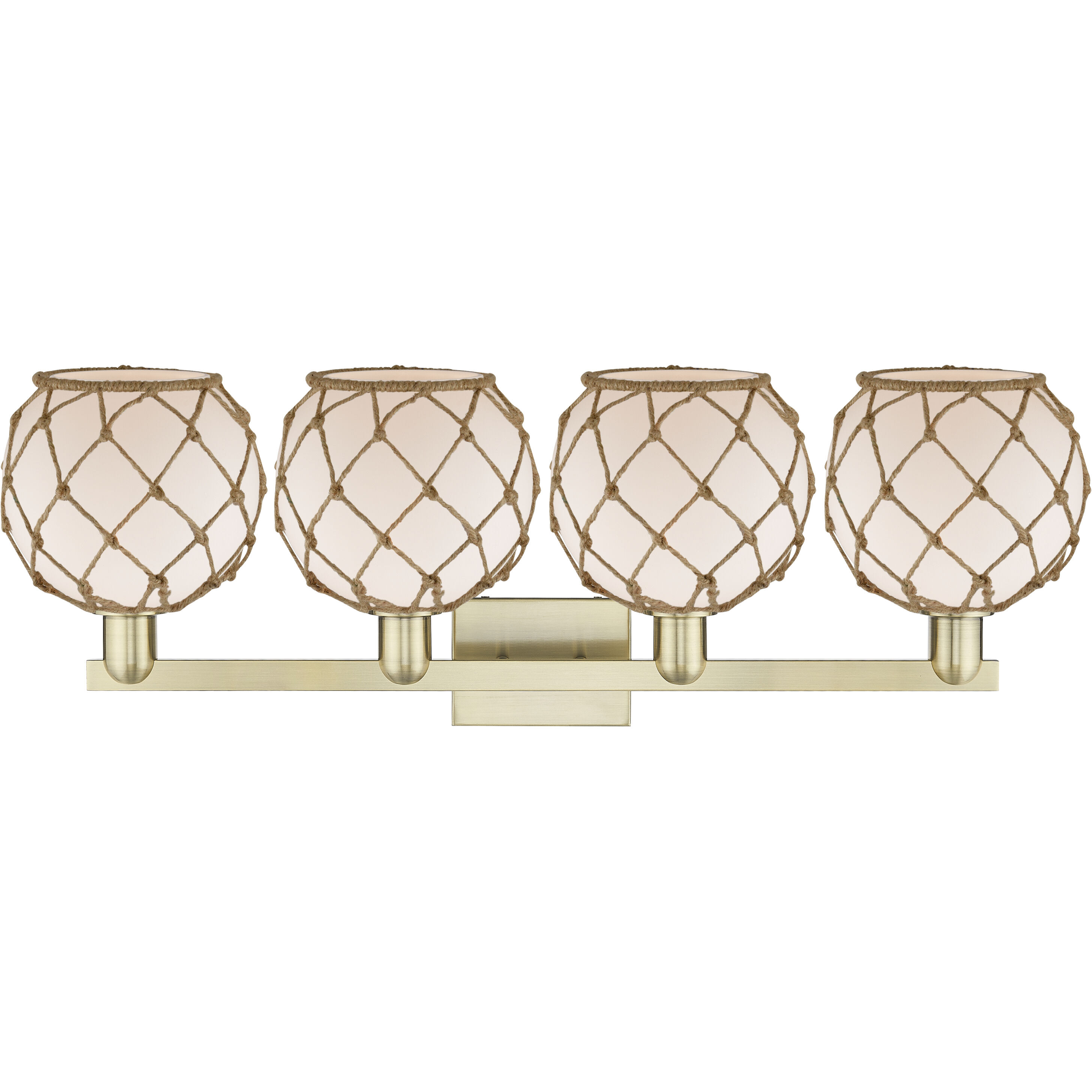 Arcadia Farmhouse Rope 4 Light 35 inch Antique Brass Bath Vanity Light Wall Light in White Glass with Brown Rope