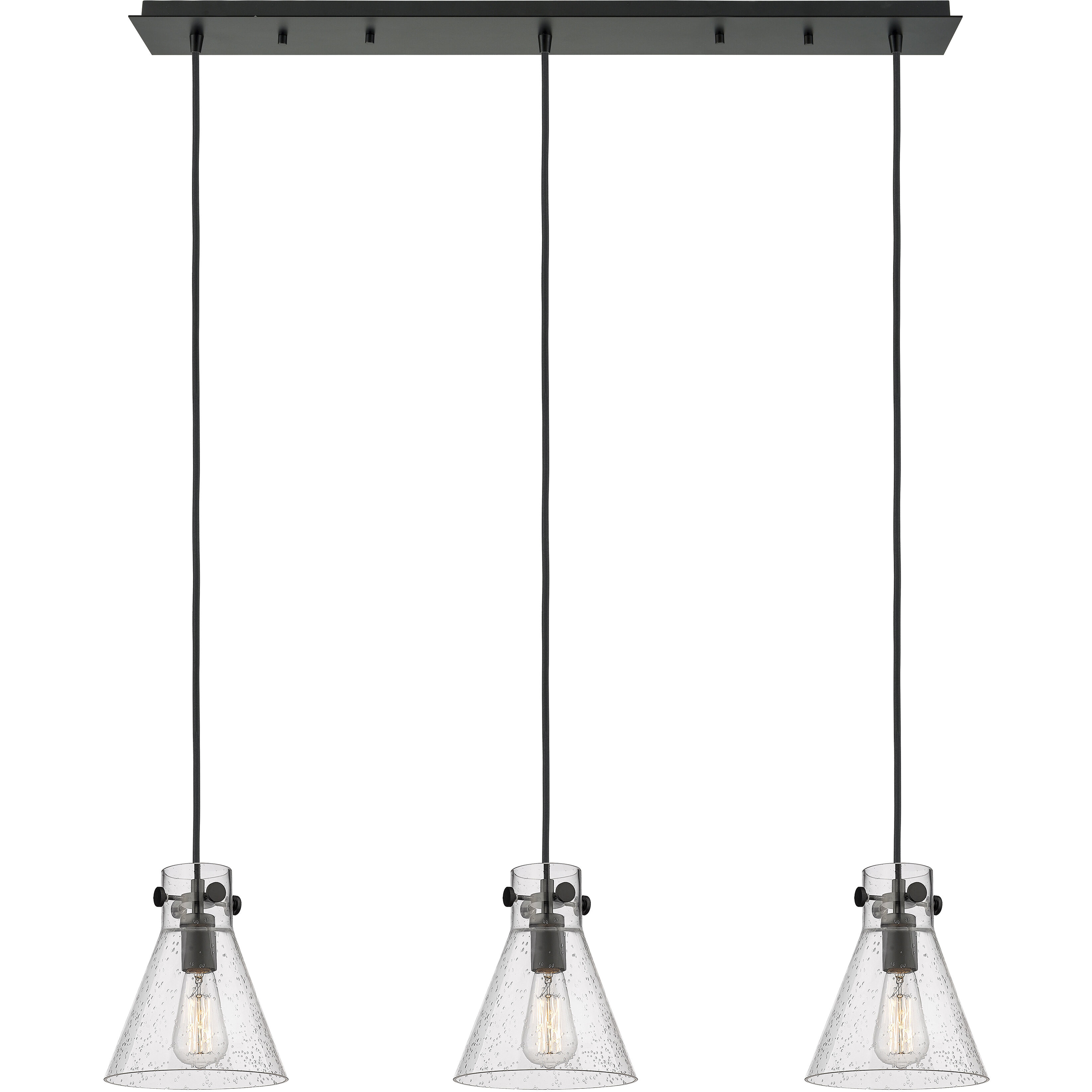 Newton Cone 3 Light 39.75 inch Matte Black Linear Pendant Ceiling Light in Seedy Glass