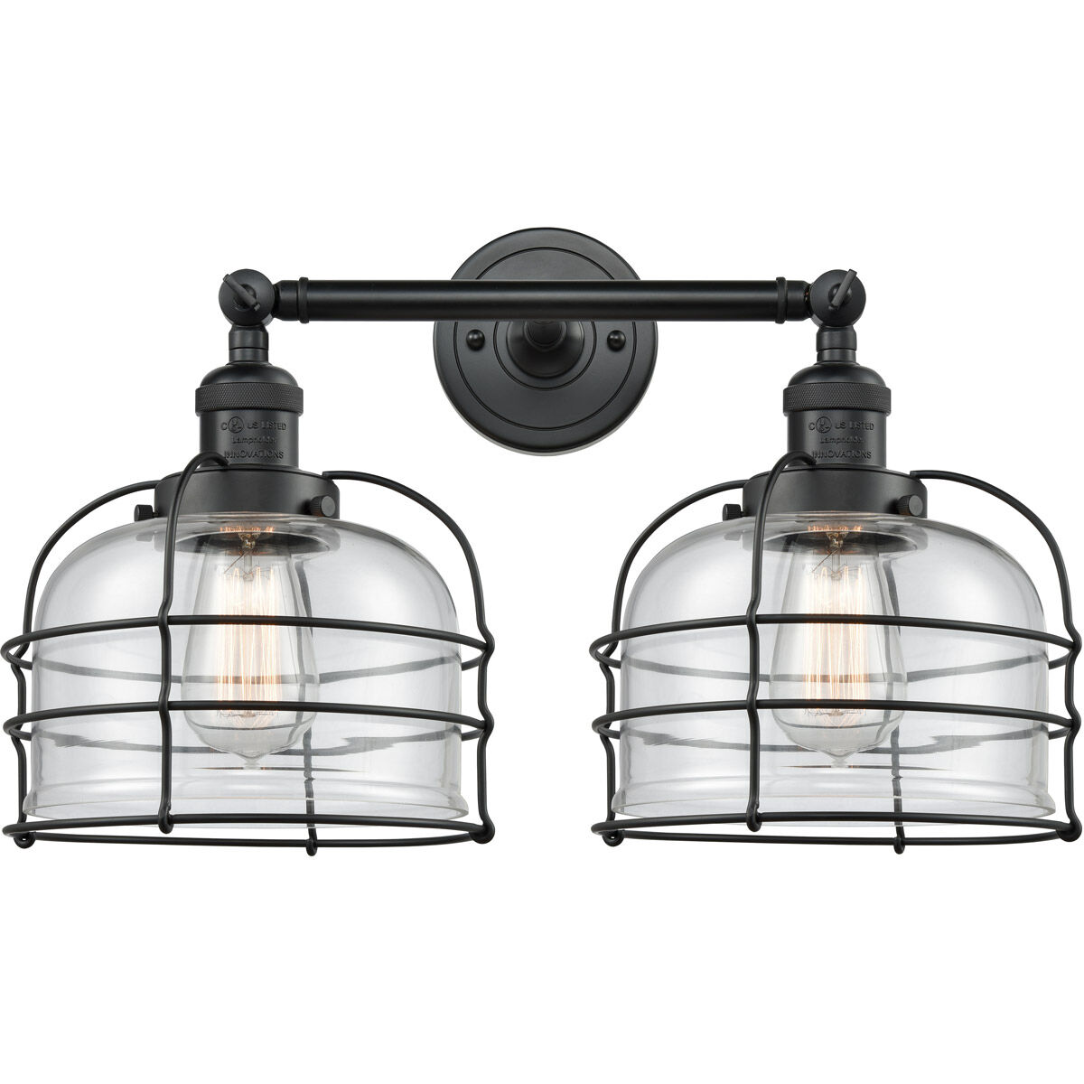 Franklin Restoration Large Bell Cage 2 Light 9 inch Black Antique Brass Bath Vanity Light Wall Light in Clear Glass, Franklin Restoration