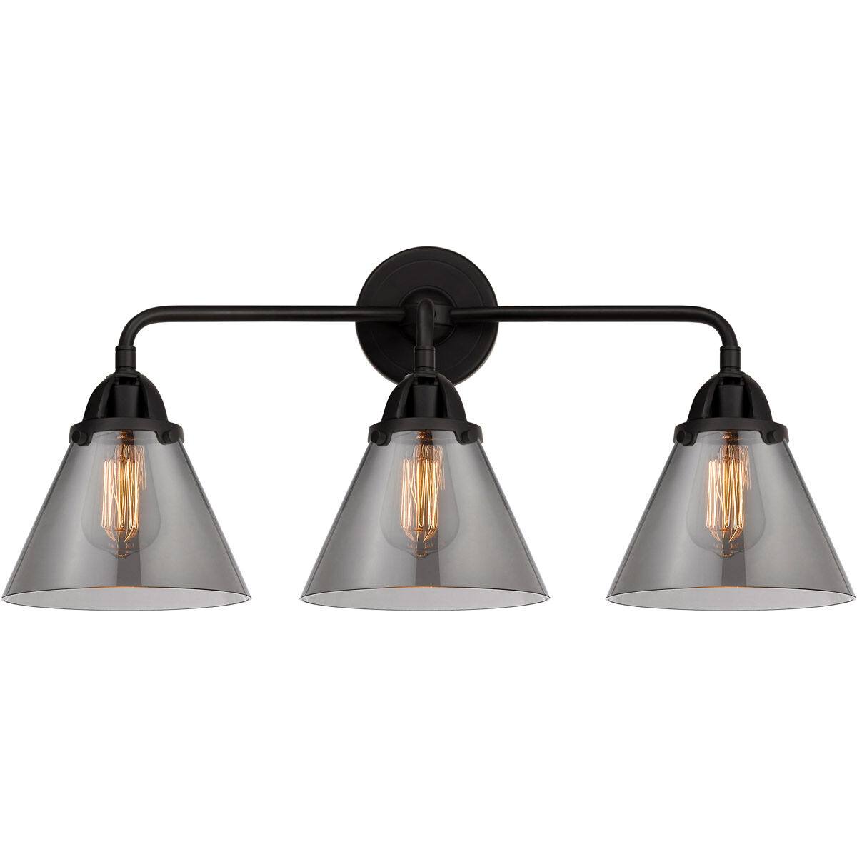 Nouveau 2 Large Cone 3 Light 26 inch Matte Black Bath Vanity Light Wall Light in Plated Smoke Glass
