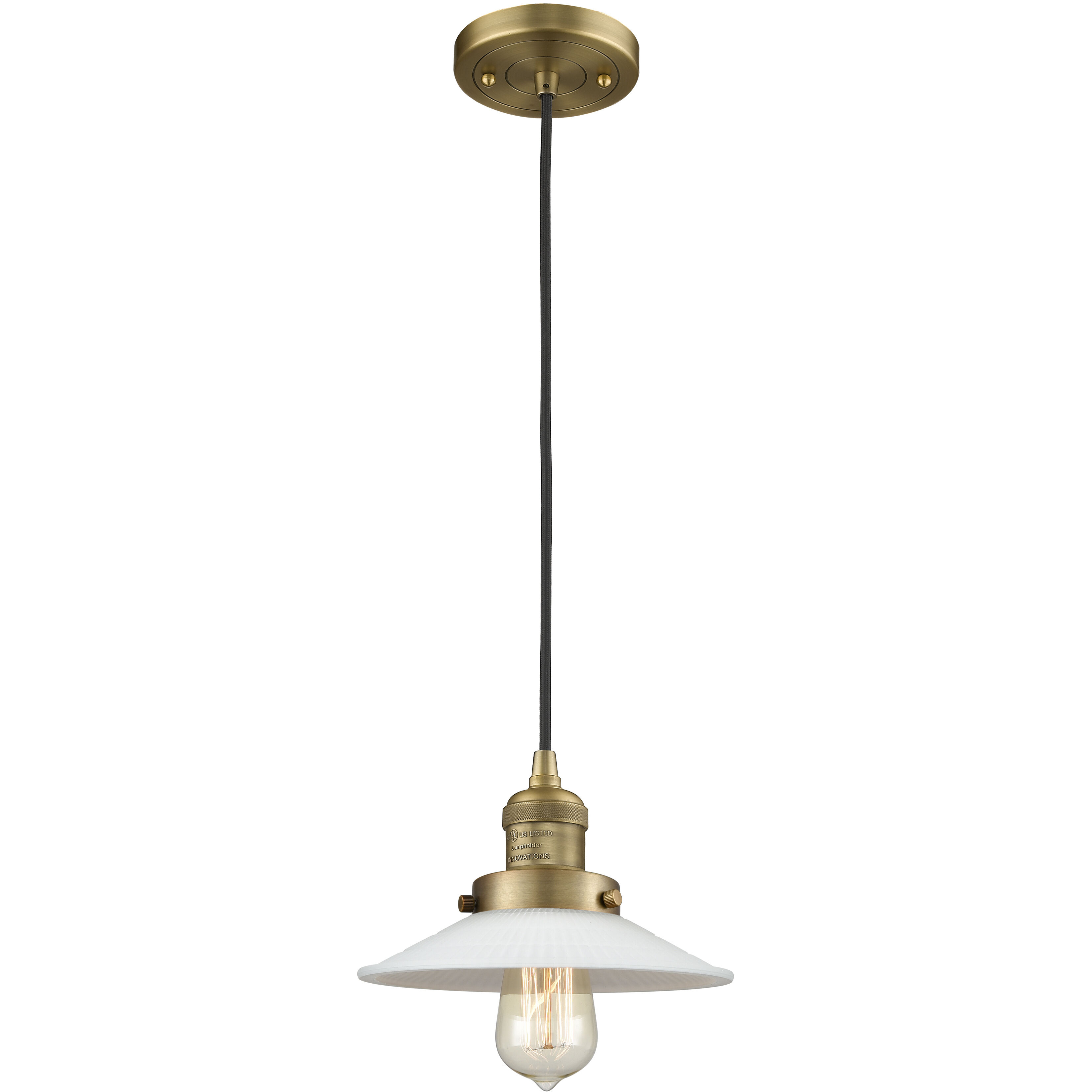 Franklin Restoration Halophane LED 8.5 inch Brushed Brass Mini Pendant Ceiling Light in Matte White Halophane Glass, Franklin Restoration