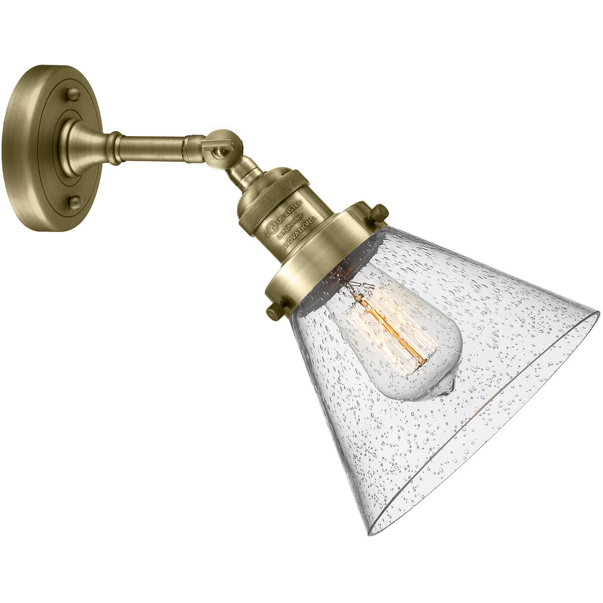 Franklin Restoration Large Cone LED 8 inch Antique Brass Sconce Wall Light in Seedy Glass, Franklin Restoration