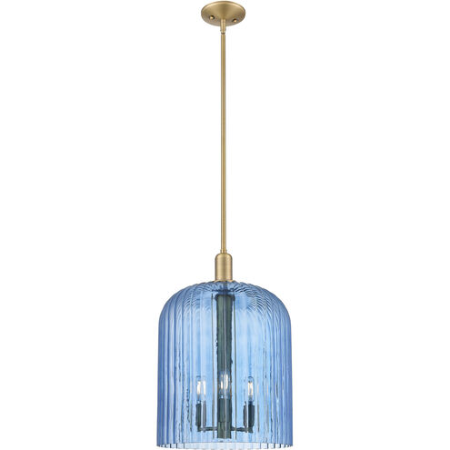 Bridal Veil 3 Light 12 inch Brushed Brass Mini Pendant Ceiling Light in Blue Glass