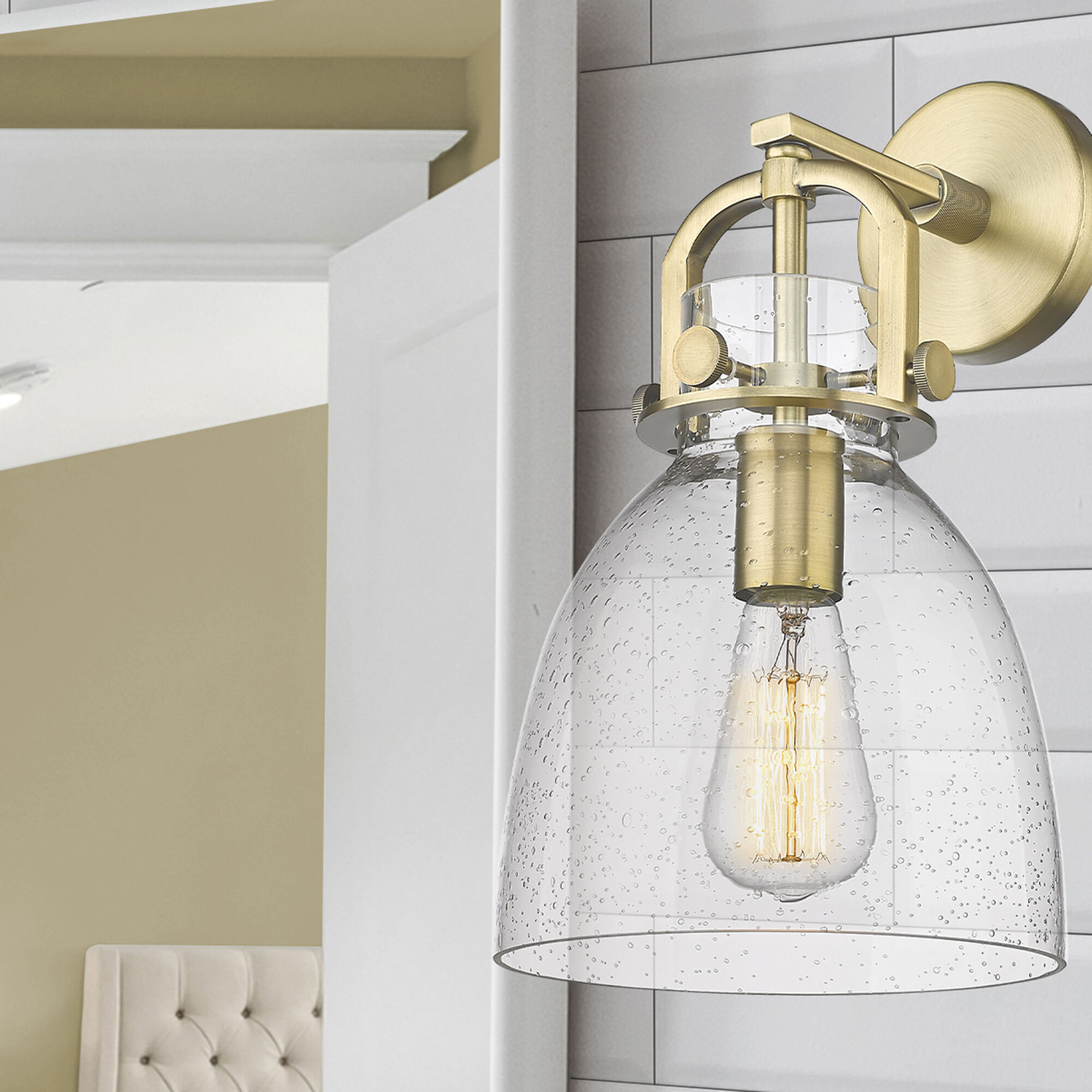 Downtown Urban Newton Bell Armed Sconce Wall Light in Brushed Brass, Seedy