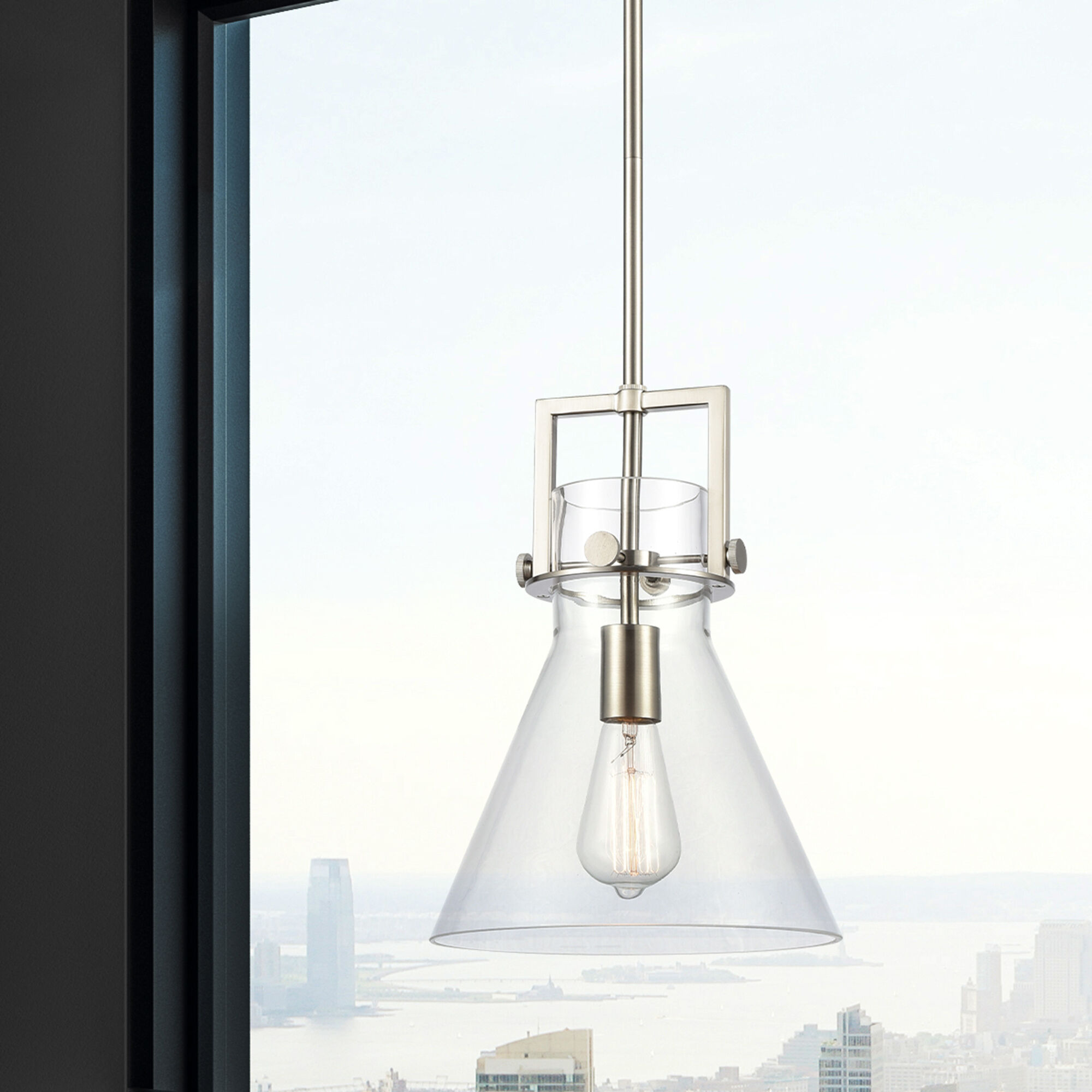 Newton Cone 1 Light 10 inch Satin Nickel Pendant Ceiling Light in Clear Glass
