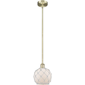 Edison Farmhouse Rope 1 Light 8 inch Antique Brass Mini Pendant Ceiling Light in White Glass with White Rope