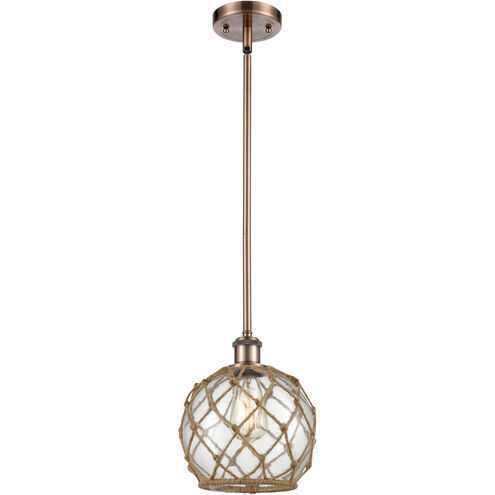 Ballston Farmhouse Rope LED 8 inch Antique Copper Pendant Ceiling Light in Clear Glass with Brown Rope, Ballston
