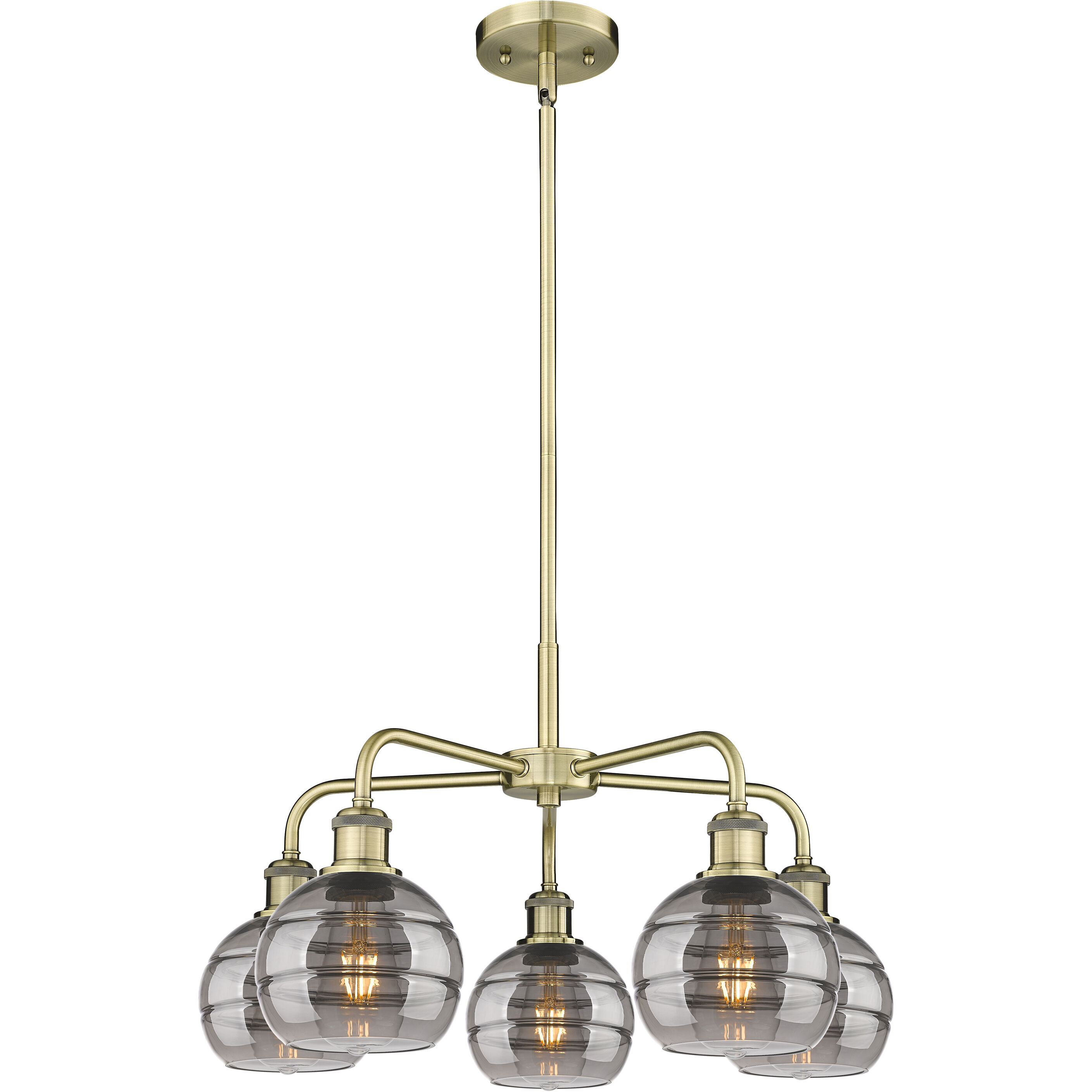 Ballston Rochester 5 Light 23.88 inch Antique Brass Stem Hung Chandelier Ceiling Light in Light Smoke Glass