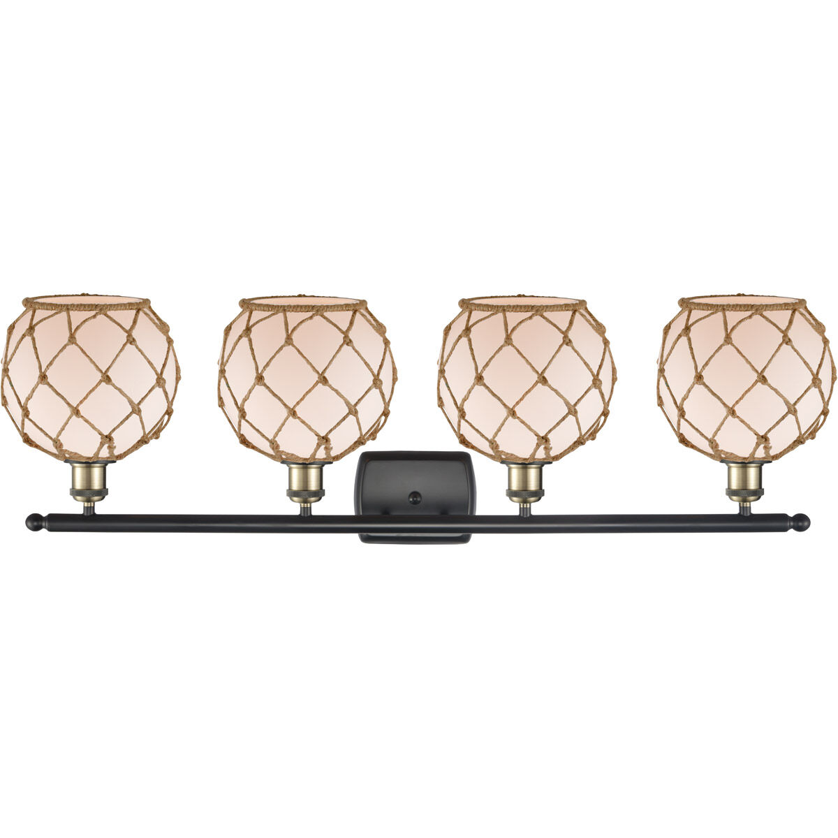 Ballston Farmhouse Rope 4 Light 36 inch Black Antique Brass Bath Vanity Light Wall Light in White Glass with Brown Rope, Ballston