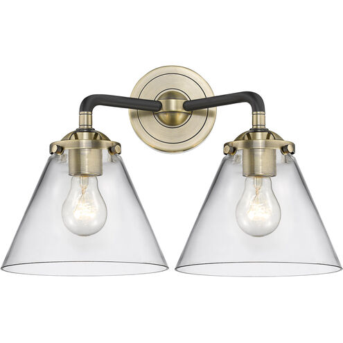 Nouveau Large Cone 2 Light 16 inch Black Antique Brass Bath Vanity Light Wall Light in Clear Glass, Nouveau
