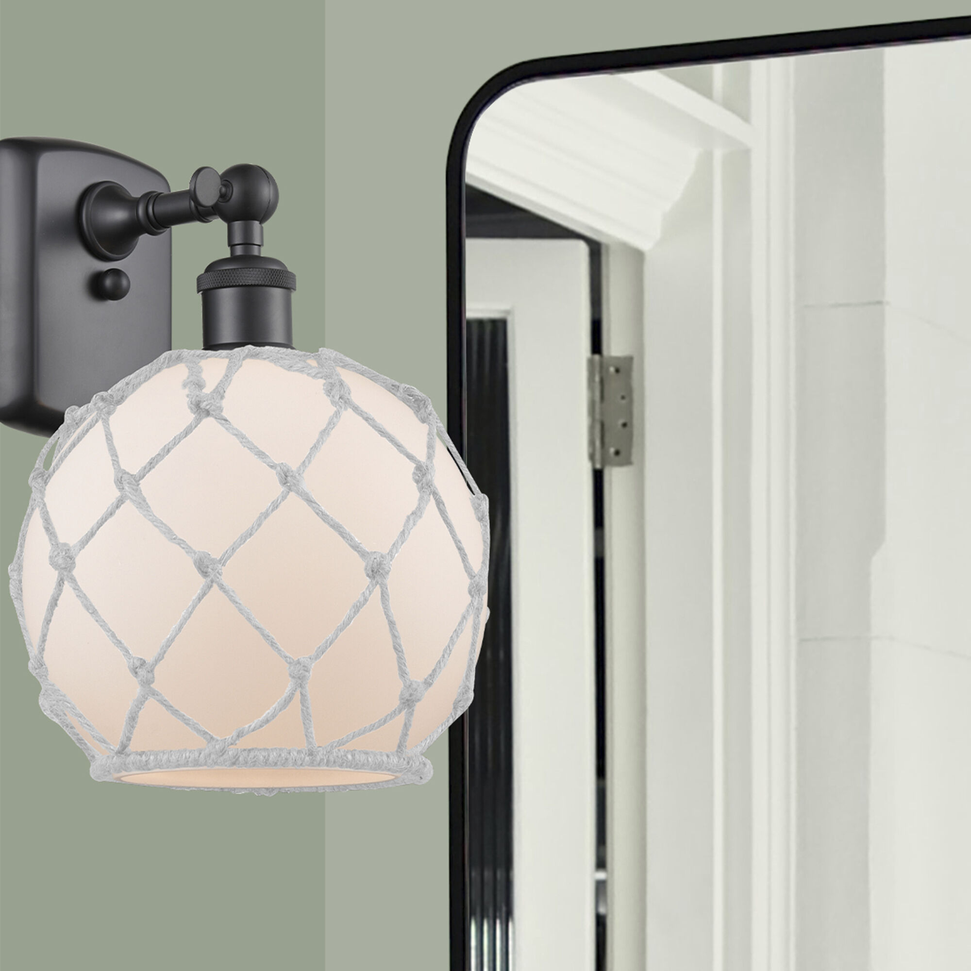 Ballston Farmhouse Rope Armed Sconce Wall Light in Matte Black, Bulb Not Included, White Glass with White Rope, Ballston