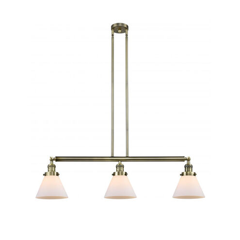 Franklin Restoration Large Cone 3 Light 40 inch Antique Brass Island Light Ceiling Light in Incandescent, Matte White Glass, Franklin Restoration