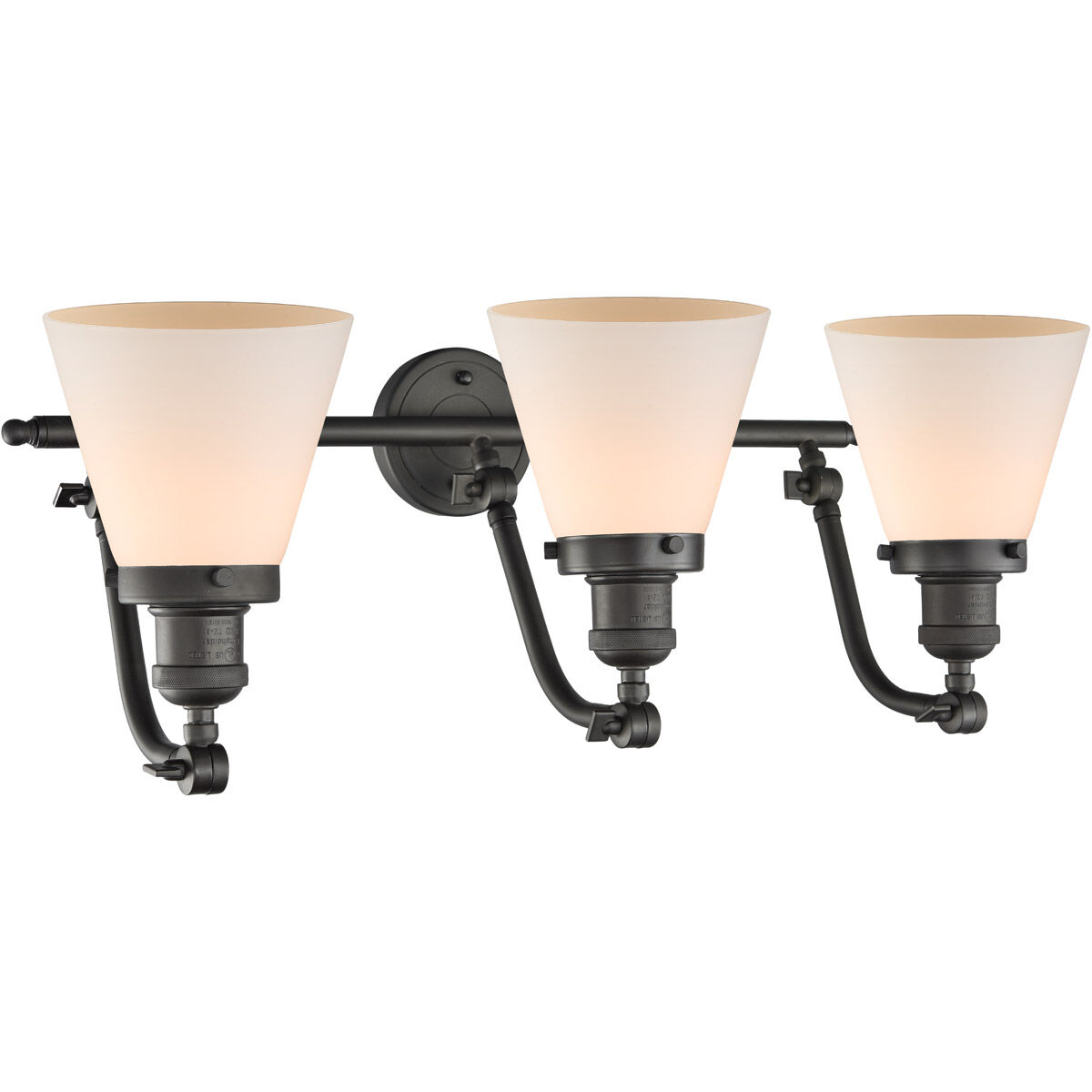 Franklin Restoration Small Cone 3 Light 28 inch Oil Rubbed Bronze Bath Vanity Light Wall Light in Matte White Glass, Franklin Restoration