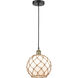 Edison 1 Light 10 inch Black Antique Brass Mini Pendant Ceiling Light in White Glass with Brown Rope