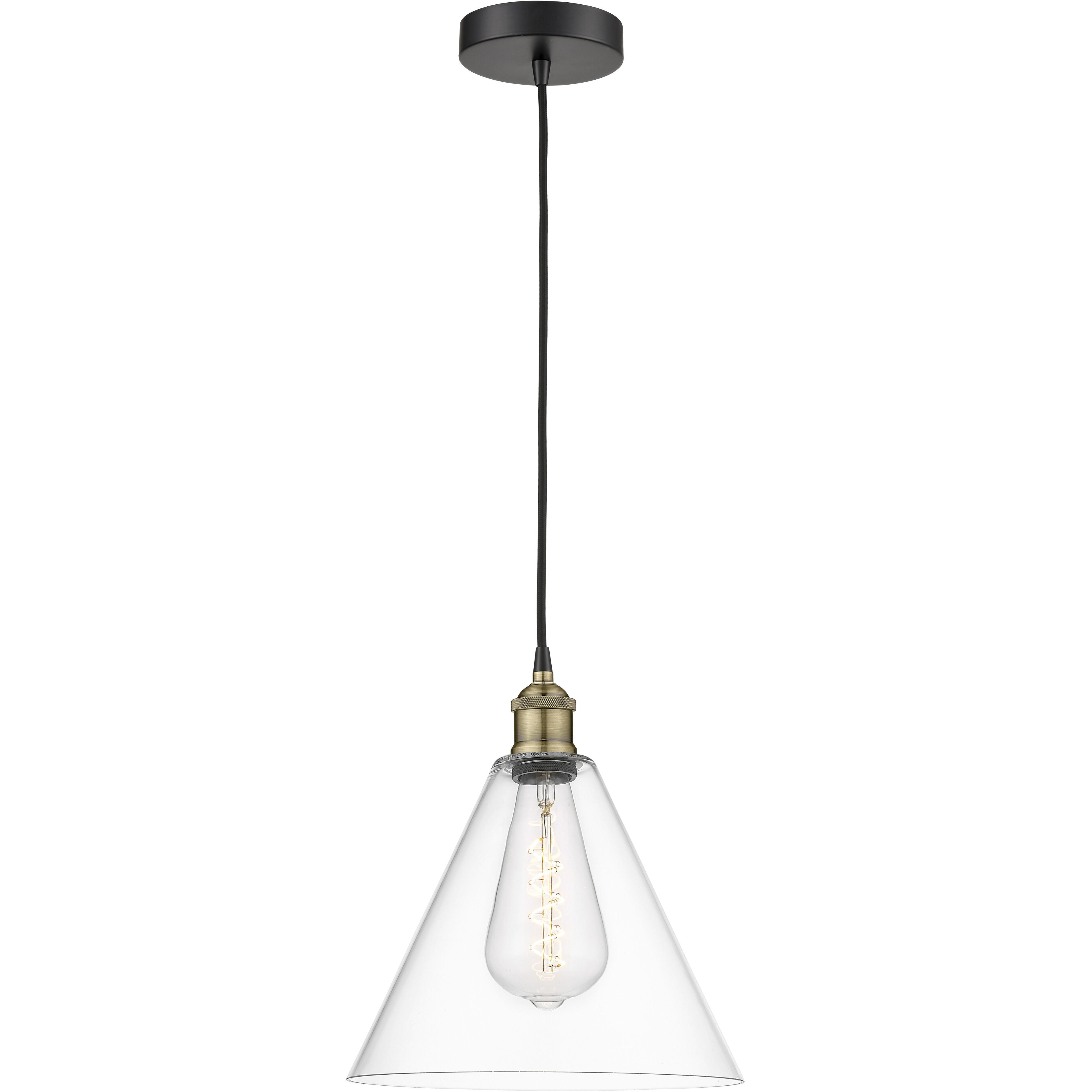 Edison Glass Cone 1 Light 12 inch Black Antique Brass Mini Pendant Ceiling Light
