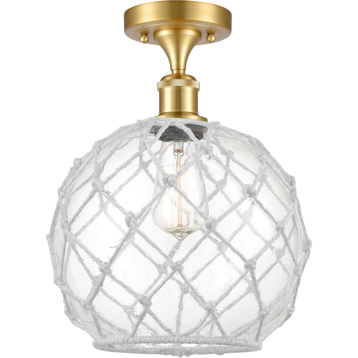 Ballston Large Farmhouse Rope 1 Light 10 inch Satin Gold Semi-Flush Mount Ceiling Light in Clear Glass with White Rope, Ballston