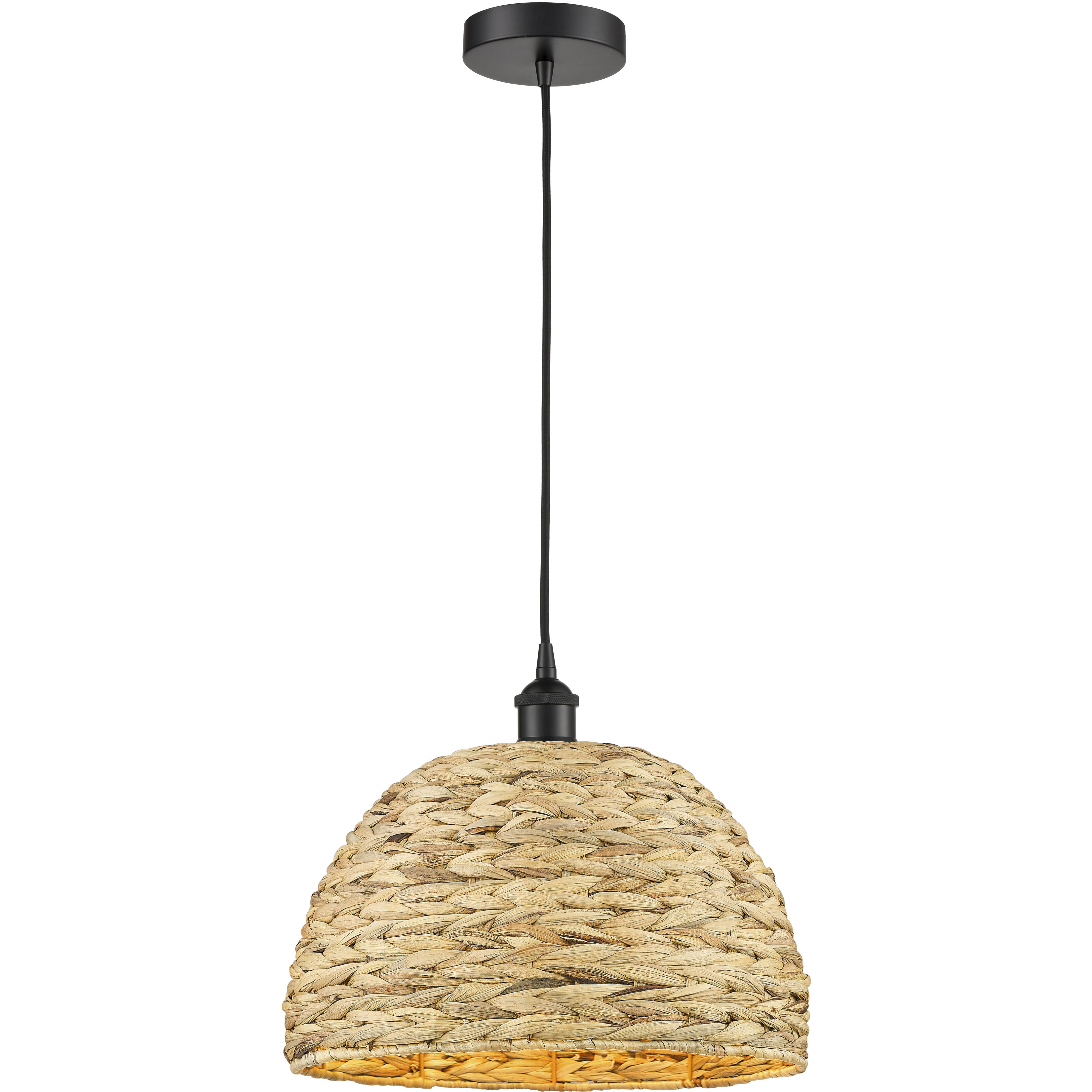 Edison Woven Rattan 1 Light 15.75 inch Matte Black Mini Pendant Ceiling Light