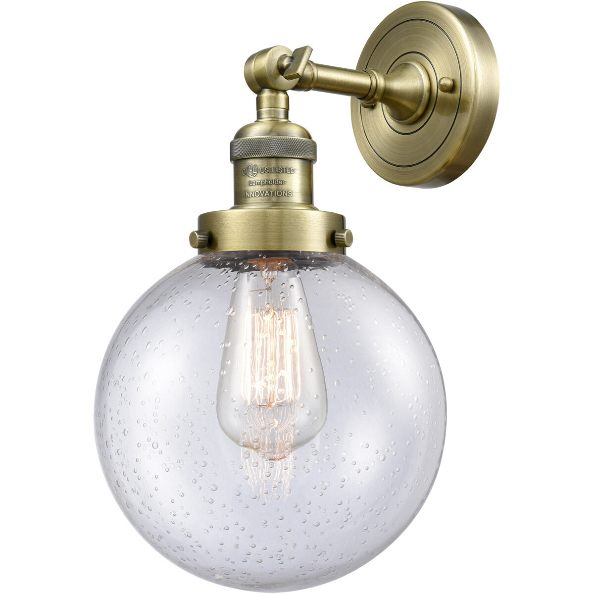 Franklin Restoration Large Beacon LED 8 inch Antique Brass Semi-Flush Mount Ceiling Light in Seedy Glass, Franklin Restoration