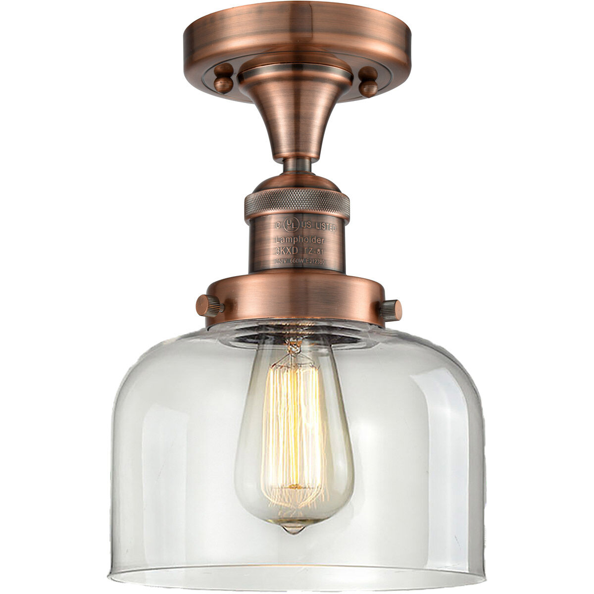 Franklin Restoration Large Bell LED 8 inch Antique Copper Semi-Flush Mount Ceiling Light in Clear Glass, Franklin Restoration