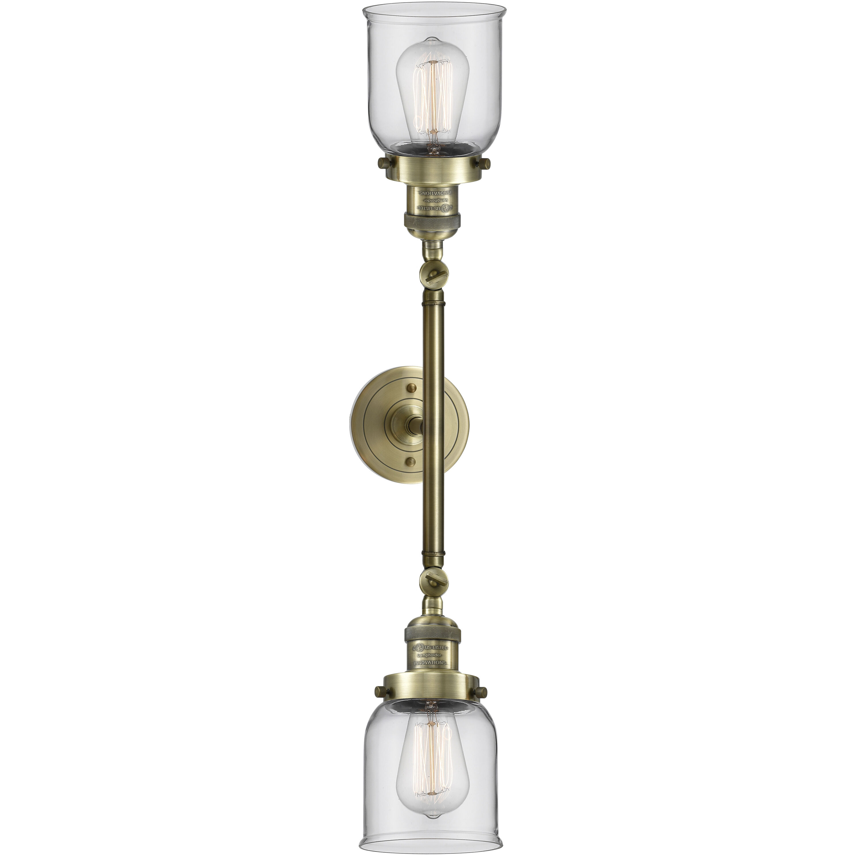Franklin Restoration Small Bell 2 Light 16 inch Antique Brass Bath Vanity Light Wall Light in Incandescent, Clear Glass, Franklin Restoration