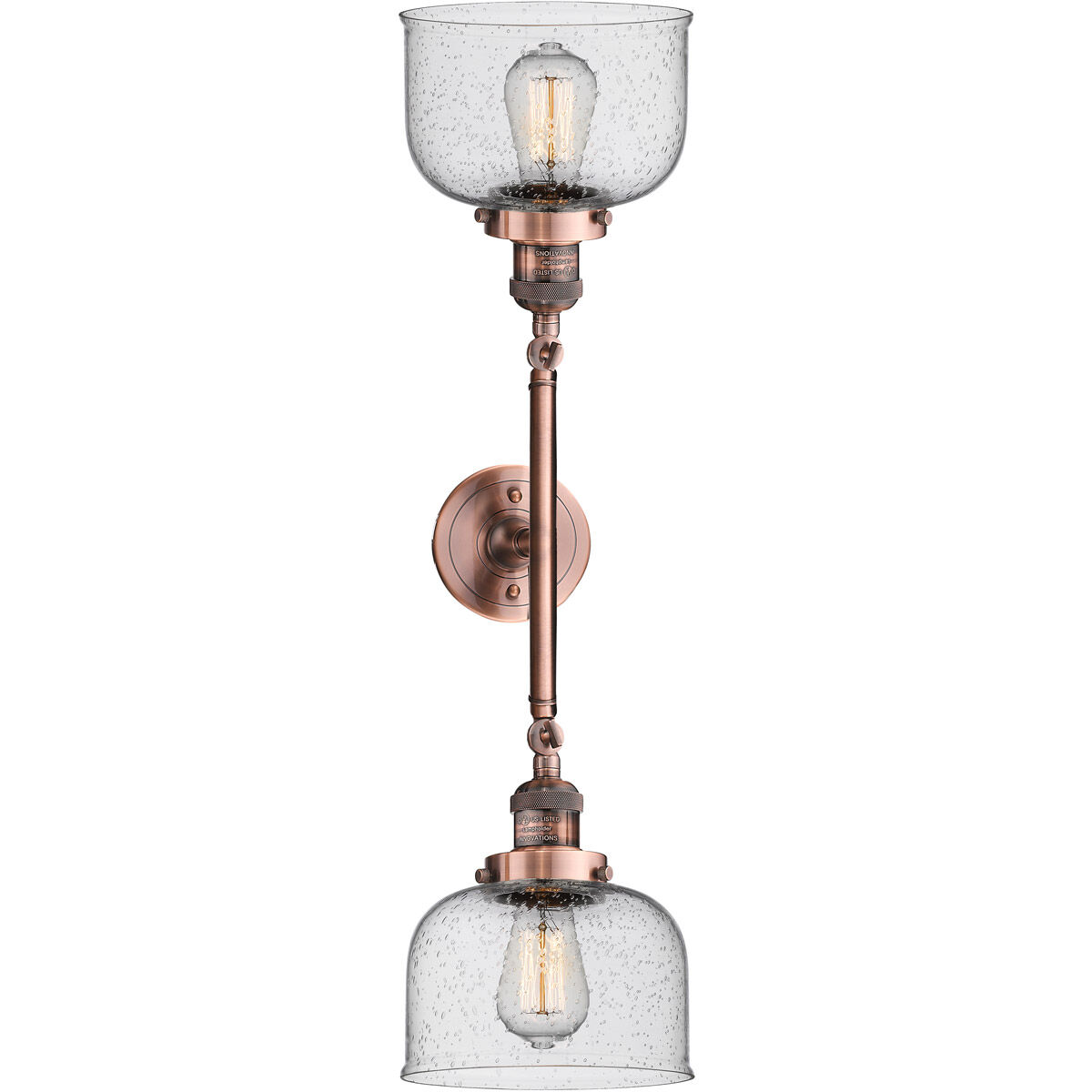 Franklin Restoration Large Bell 2 Light 19 inch Antique Copper Bath Vanity Light Wall Light in Seedy Glass, Franklin Restoration