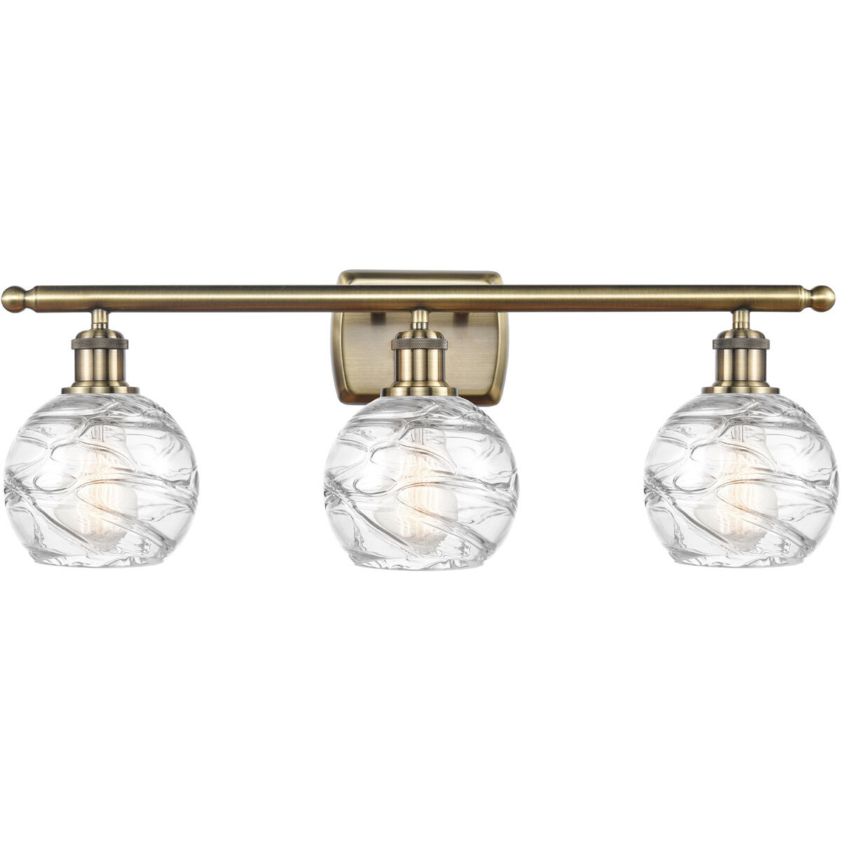 Ballston Small Deco Swirl 3 Light 26 inch Antique Brass Bath Vanity Light Wall Light in Incandescent, Small Athens, Deco Swirl Glass, Ballston