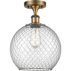 Ballston Large Farmhouse Chicken Wire LED 10 inch Brushed Brass Semi-Flush Mount Ceiling Light in Clear Glass with Nickel Wire, Ballston