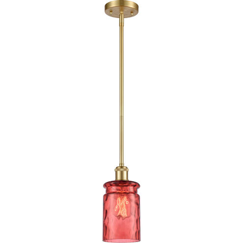 Ballston Candor LED 5 inch Satin Gold Pendant Ceiling Light in Jester Red Waterglass, Ballston