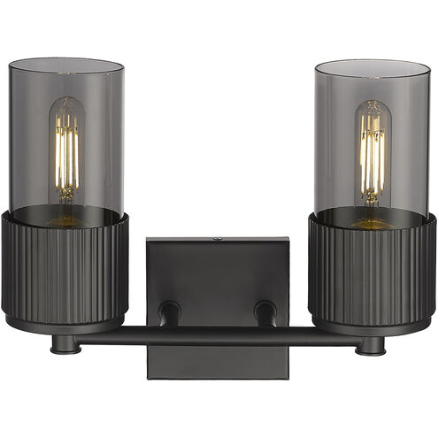 Bolivar 2 Light 13.5 inch Matte Black Bath Vanity Light Wall Light in Plated Smoke Glass
