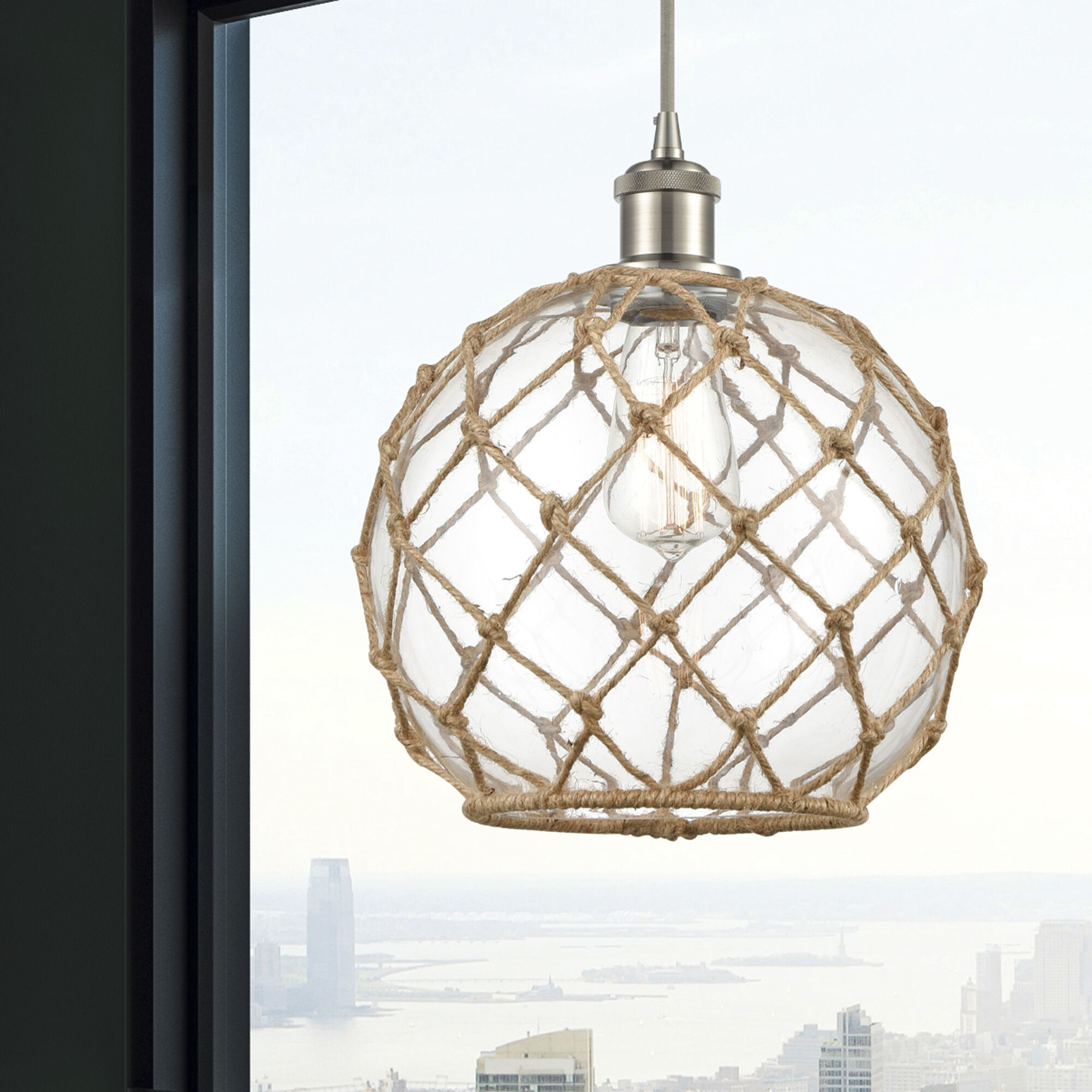 Ballston Farmhouse Rope LED 10 inch Brushed Satin Nickel Mini Pendant Ceiling Light in Clear Glass with Brown Rope, Ballston