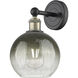 Edison Brookhaven Globe Armed Sconce Wall Light in Black Antique Brass, Slate Glass