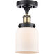 Ballston Small Bell LED 5 inch Black Antique Brass Semi-Flush Mount Ceiling Light in Matte White Glass