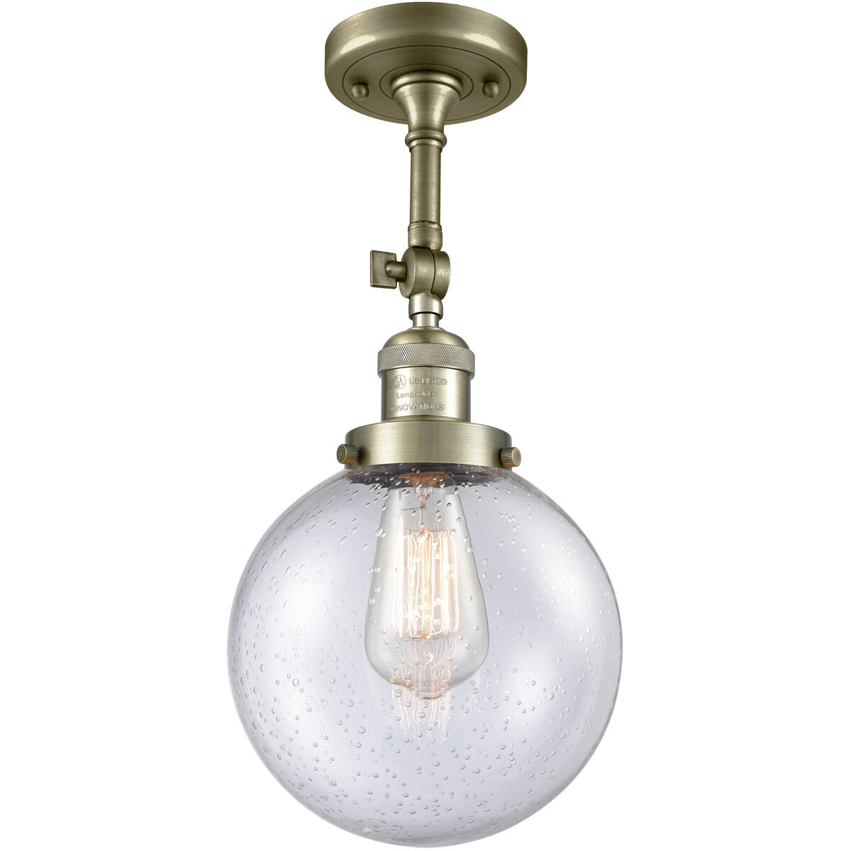 Franklin Restoration Large Beacon LED 8 inch Antique Brass Semi-Flush Mount Ceiling Light in Seedy Glass, Franklin Restoration