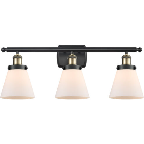 Ballston Small Cone 3 Light 26 inch Black Antique Brass Bath Vanity Light Wall Light in Matte White Glass