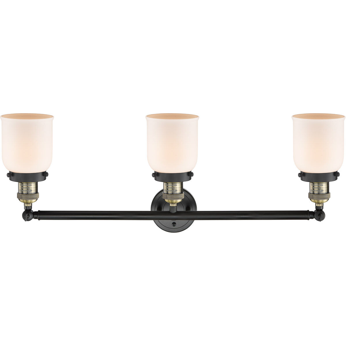 Franklin Restoration Small Bell 3 Light 30 inch Black Antique Brass Bath Vanity Light Wall Light in Matte White Glass, Franklin Restoration