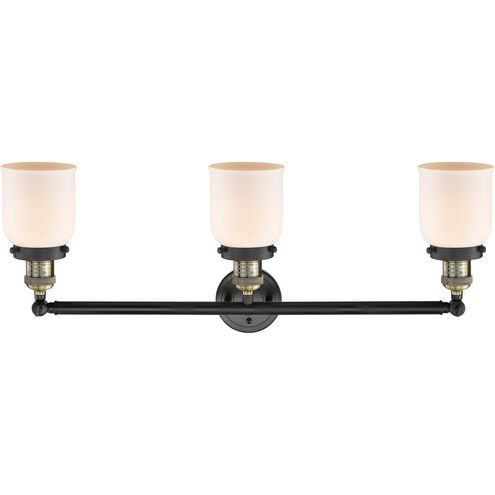 Franklin Restoration Small Bell 3 Light 30 inch Black Antique Brass Bath Vanity Light Wall Light in Matte White Glass, Franklin Restoration