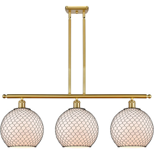Ballston Large Farmhouse Chicken Wire 3 Light 36 inch Satin Gold Island Light Ceiling Light in Incandescent, White Glass with Black Wire, Ballston
