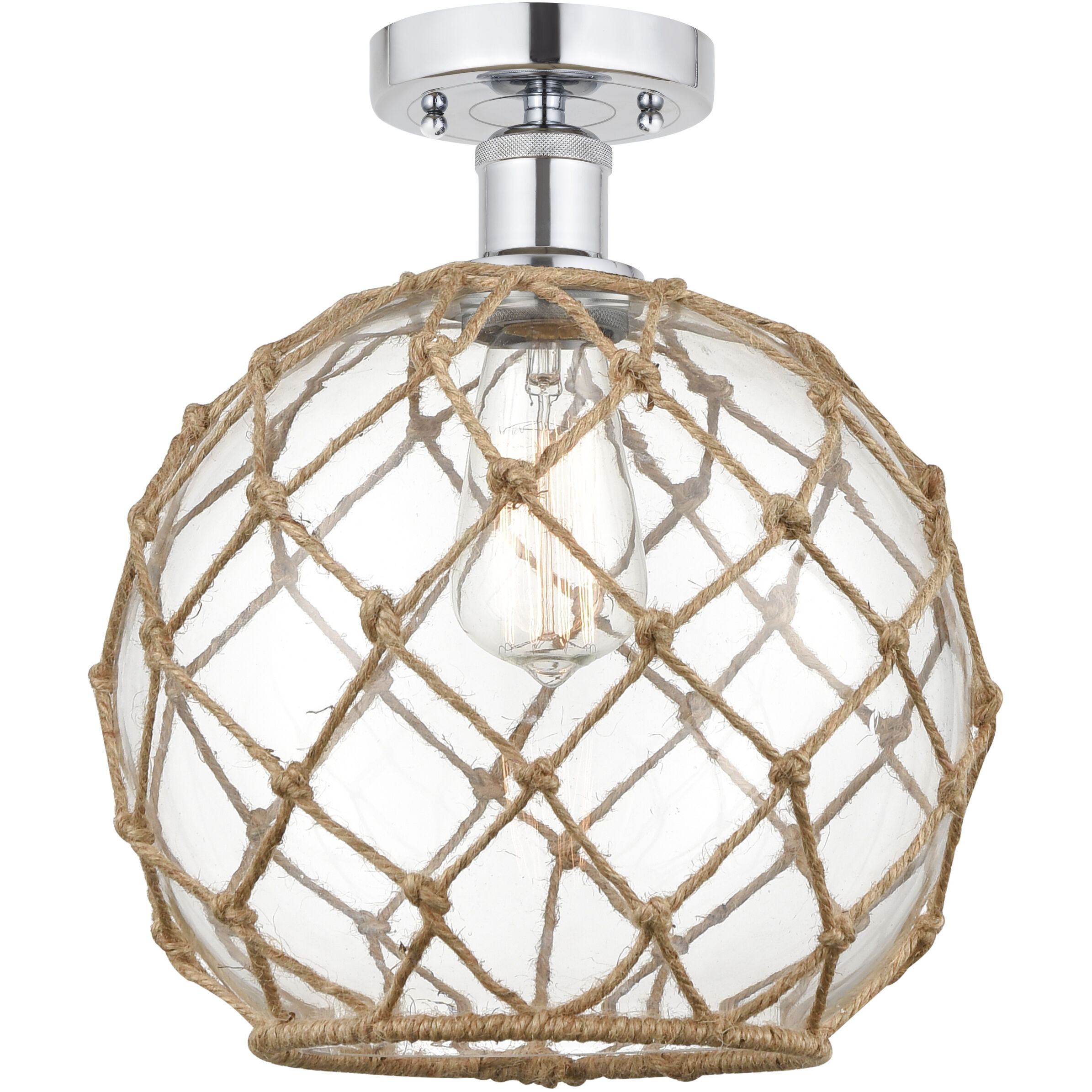 Edison Farmhouse Rope 1 Light 10 inch Polished Chrome Semi-Flush Mount Ceiling Light in Clear Glass with Brown Rope
