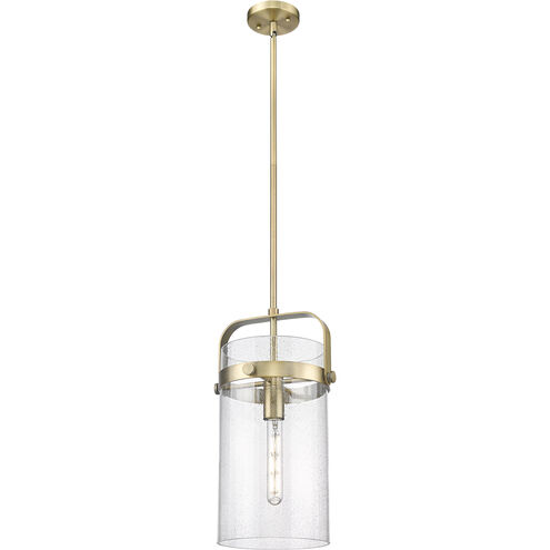 Pilaster 1 Light 9.38 inch Brushed Brass Pendant Ceiling Light in Seedy Glass
