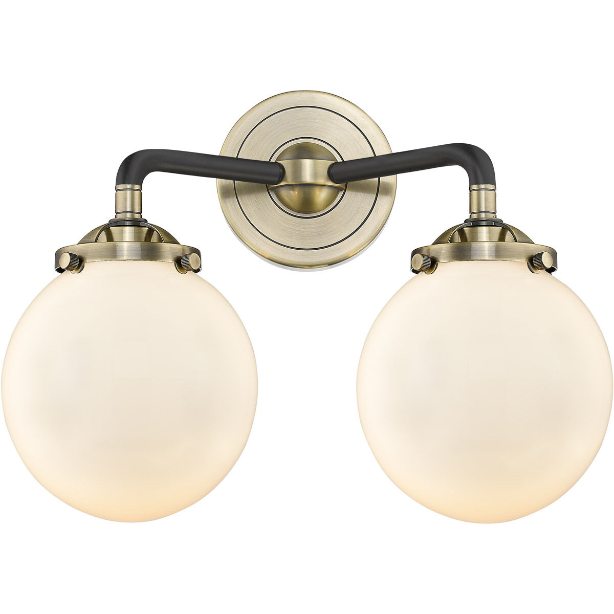 Nouveau Beacon 2 Light 14 inch Black Antique Brass Bath Vanity Light Wall Light in Matte White Glass, Nouveau