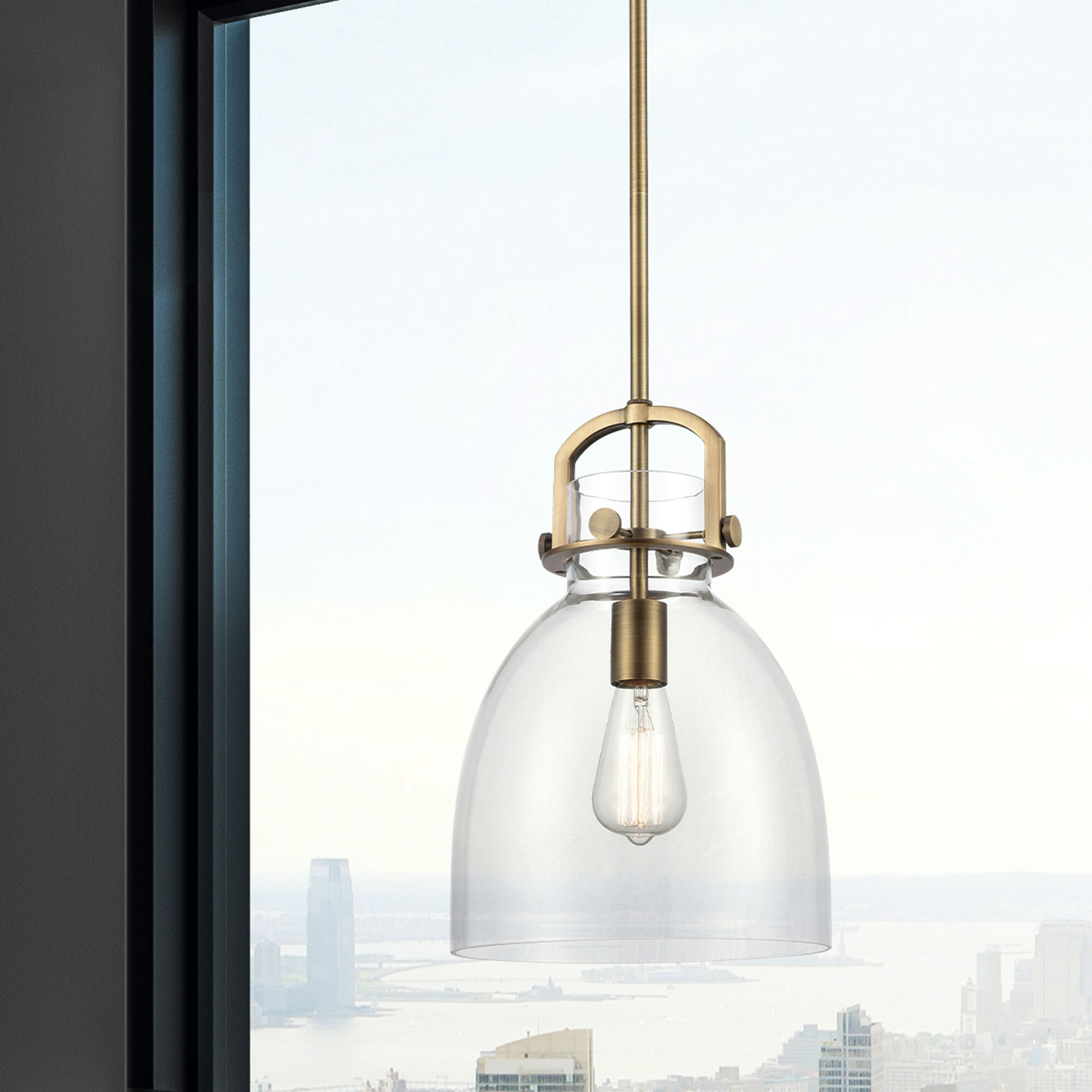 Newton Bell 1 Light 10 inch Brushed Brass Mini Pendant Ceiling Light in Clear Glass
