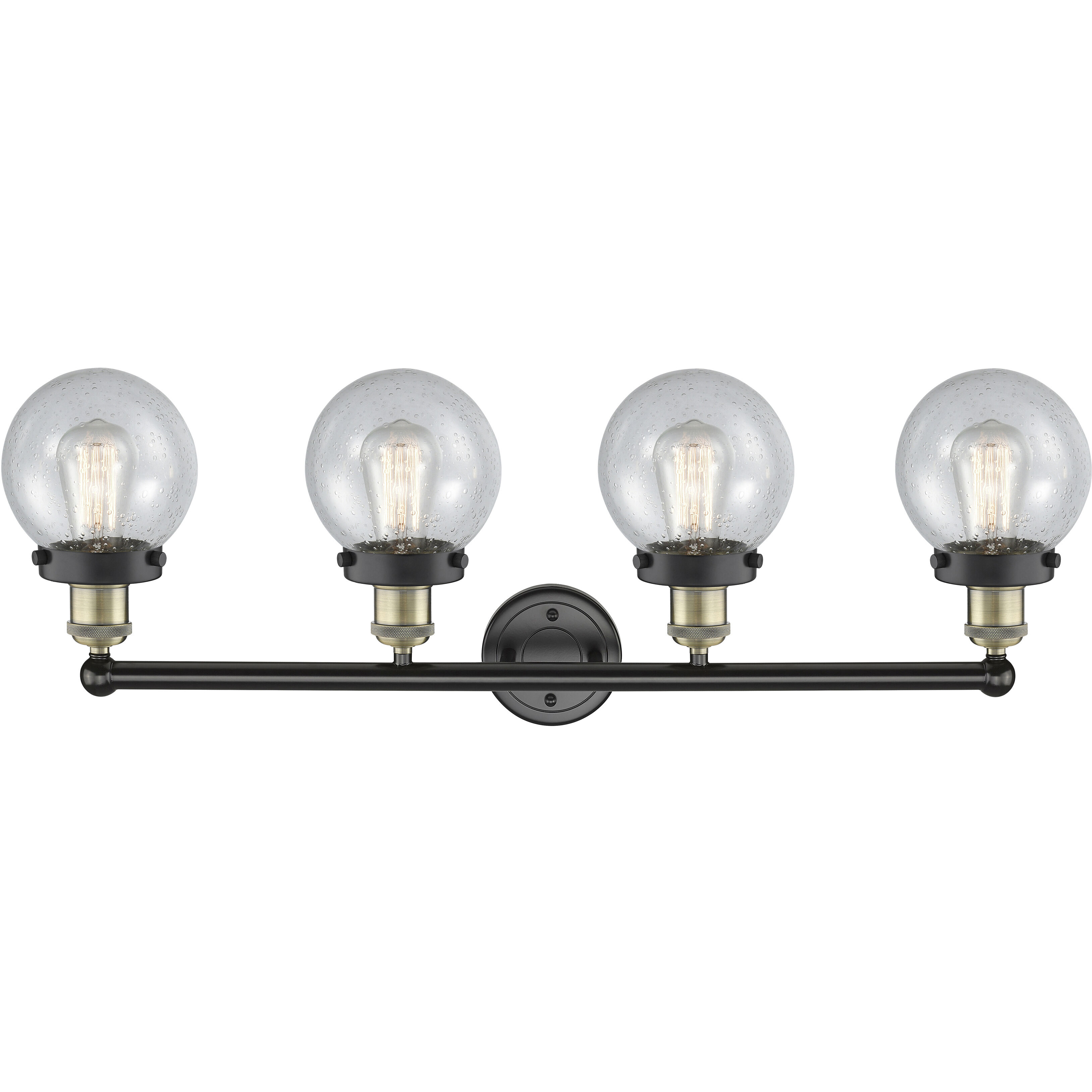 Beacon 4 Light 33.5 inch Black Antique Brass Bath Vanity Light Wall Light in Seedy Glass, Small