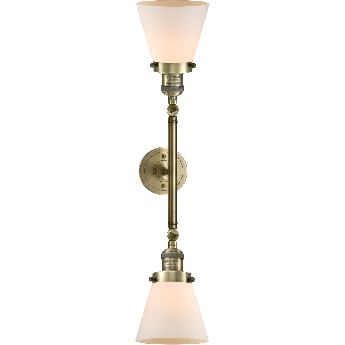 Franklin Restoration Small Cone 2 Light 16 inch Antique Brass Bath Vanity Light Wall Light in Incandescent, Matte White Glass, Franklin Restoration