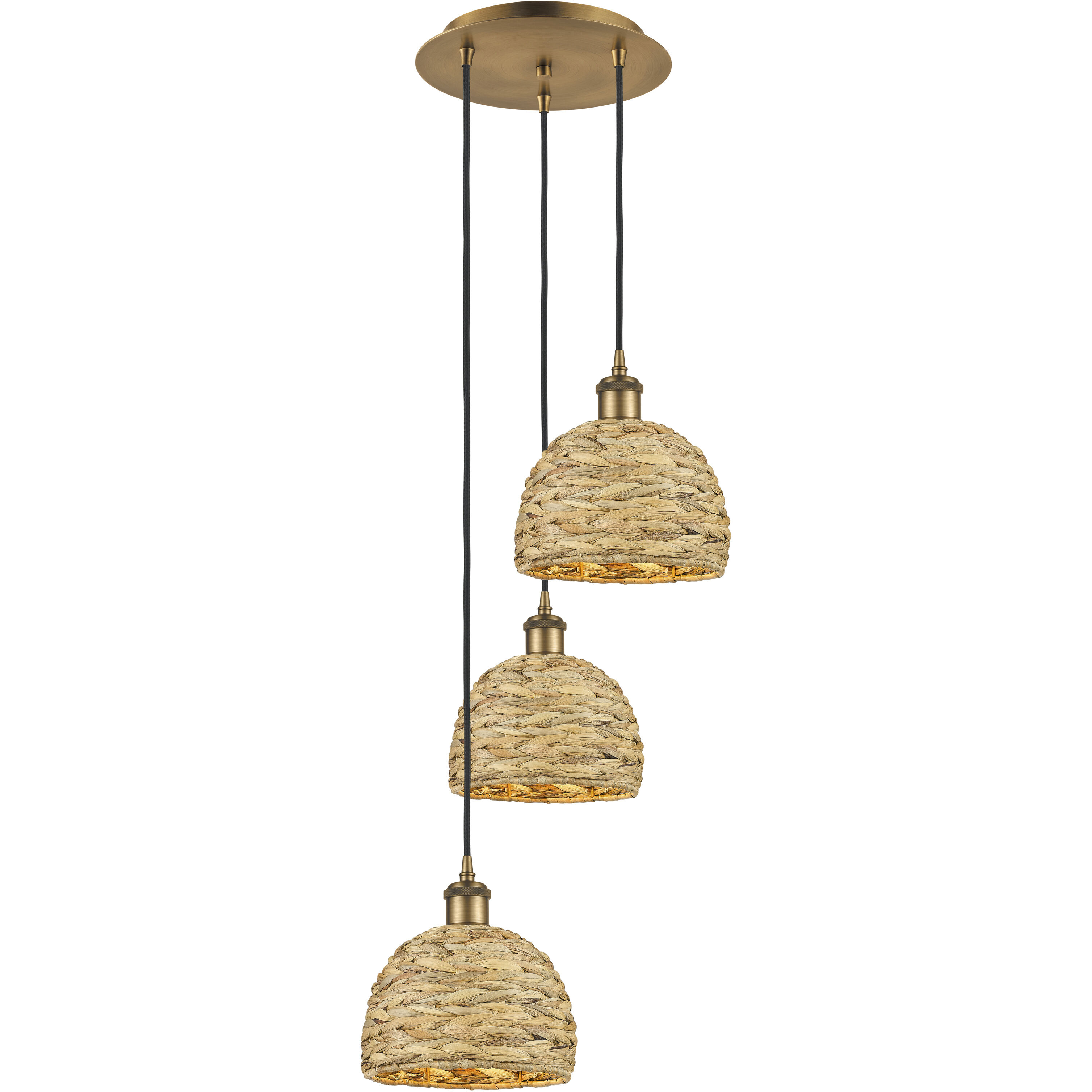 Woven Rattan 3 Light 18.5 inch Brushed Brass Multi Pendant Ceiling Light