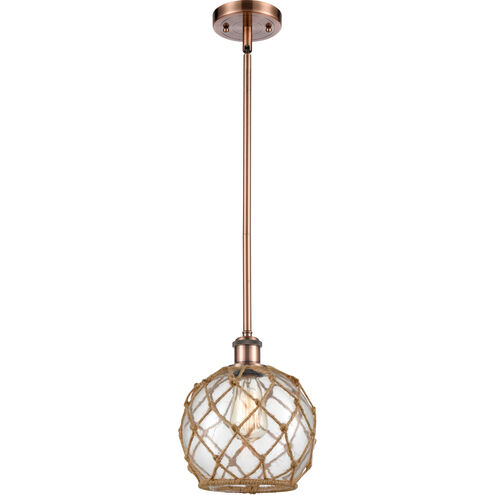 Ballston Farmhouse Rope LED 8 inch Antique Copper Pendant Ceiling Light in Clear Glass with Brown Rope, Ballston