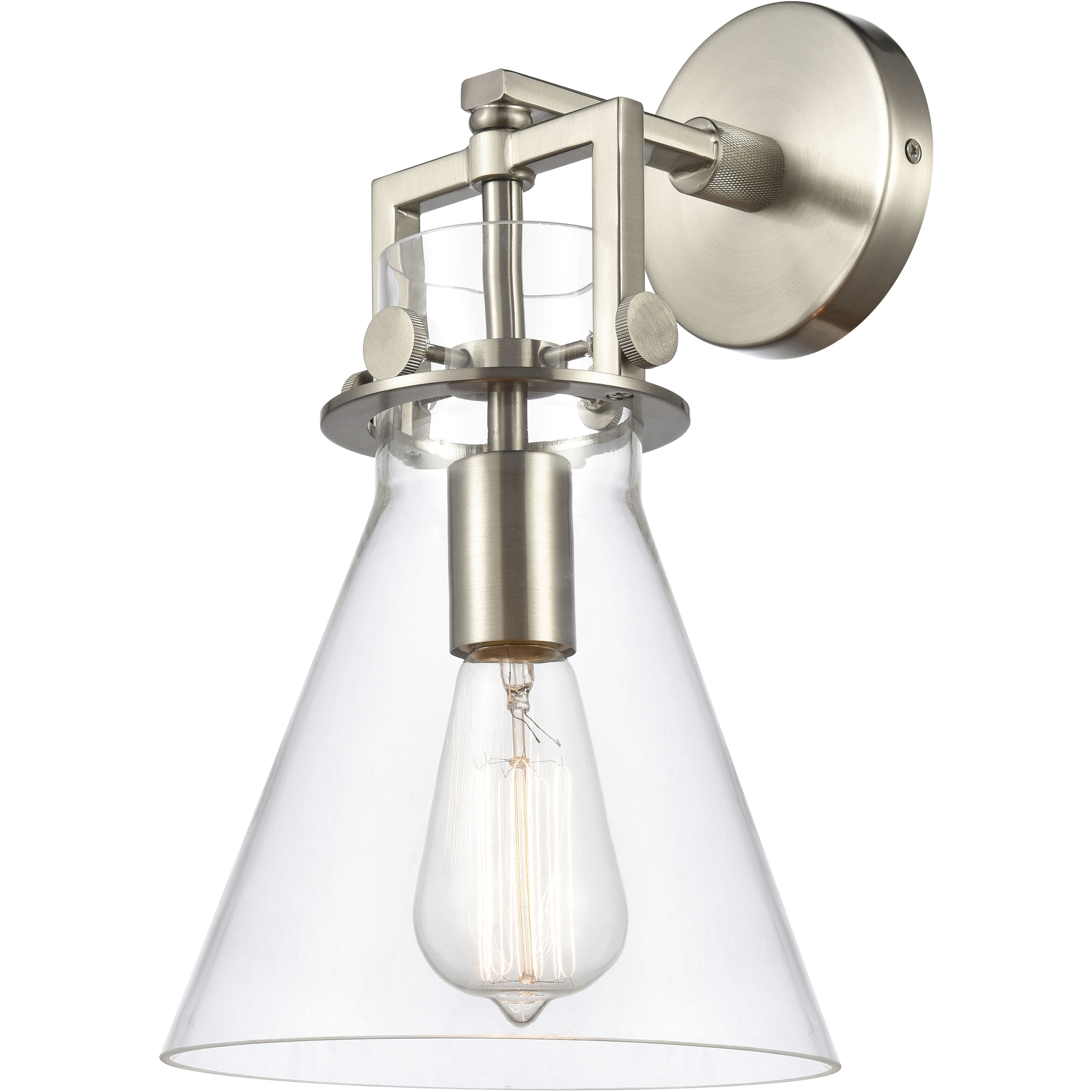 Newton Cone Sconce Wall Light in Satin Nickel, Clear Glass