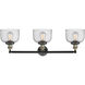 Franklin Restoration Large Bell 3 Light 32 inch Black Antique Brass Bath Vanity Light Wall Light in Seedy Glass, Franklin Restoration